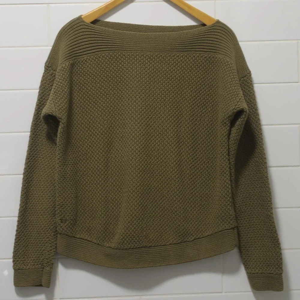 LAUREN RALPH LAUREN waffle chunky knit sweater olive green boatneck sz Large plv - Picture 2 of 8